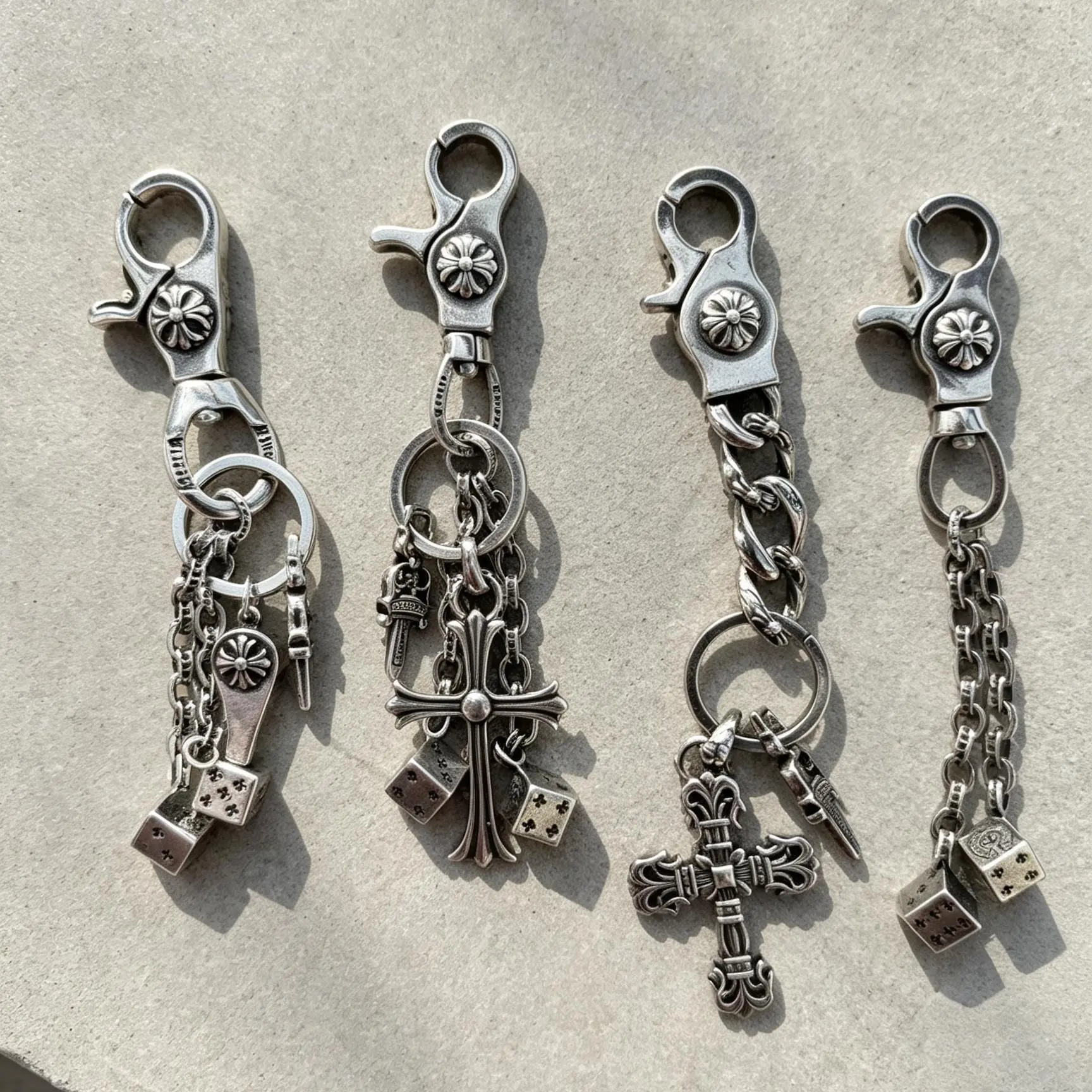 Vintage Silver Cross Dice Keychain, Gothic Punk Flower Lobster Clasp Chain Key Holder, Y2K Streetwear Bag Charm Accessory