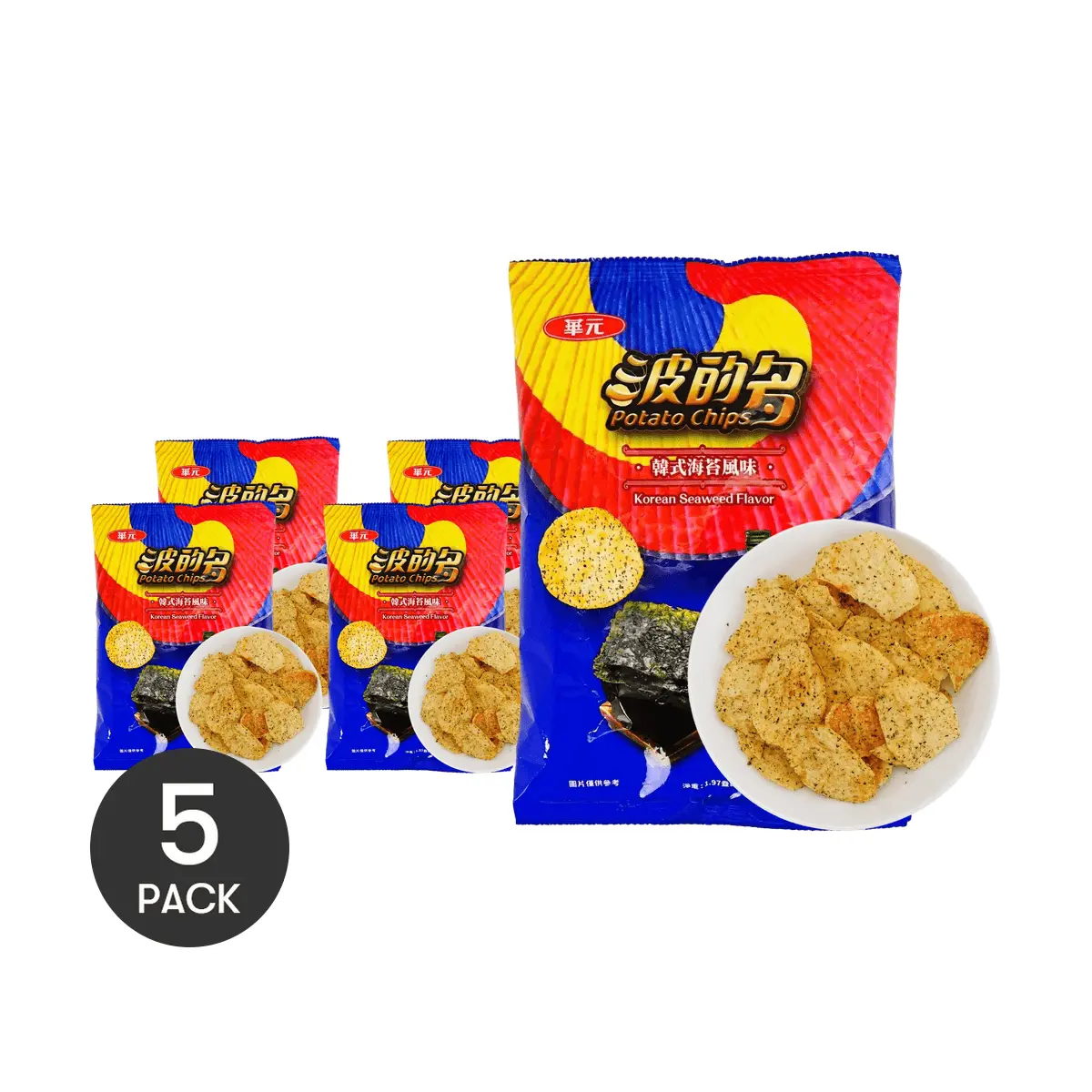 HUAYUAN Korean Seaweed Flavor Potato Chips - 5 Bags, 56g Each - Taiwanese Snack, Crispy & Savory