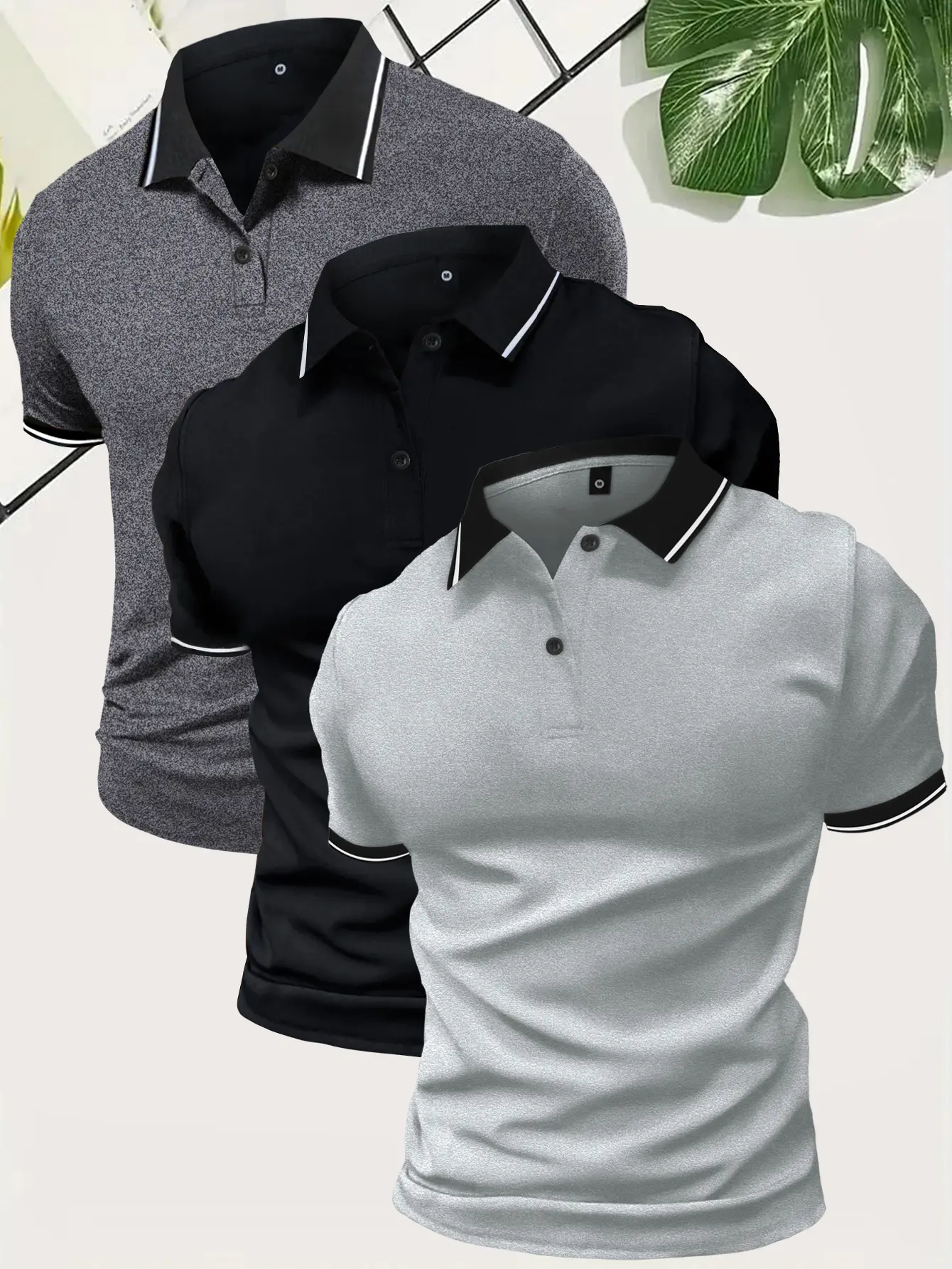 Men’s 3-Pack Stretched Tropical Khaki Menswear Short-Sleeve Polo Shirts - Button Placket, Stand Collar, Minimalist Retro Fabric - Suitable for Casual Outings, Beach Vacations, Great for Boyfriends Gifts