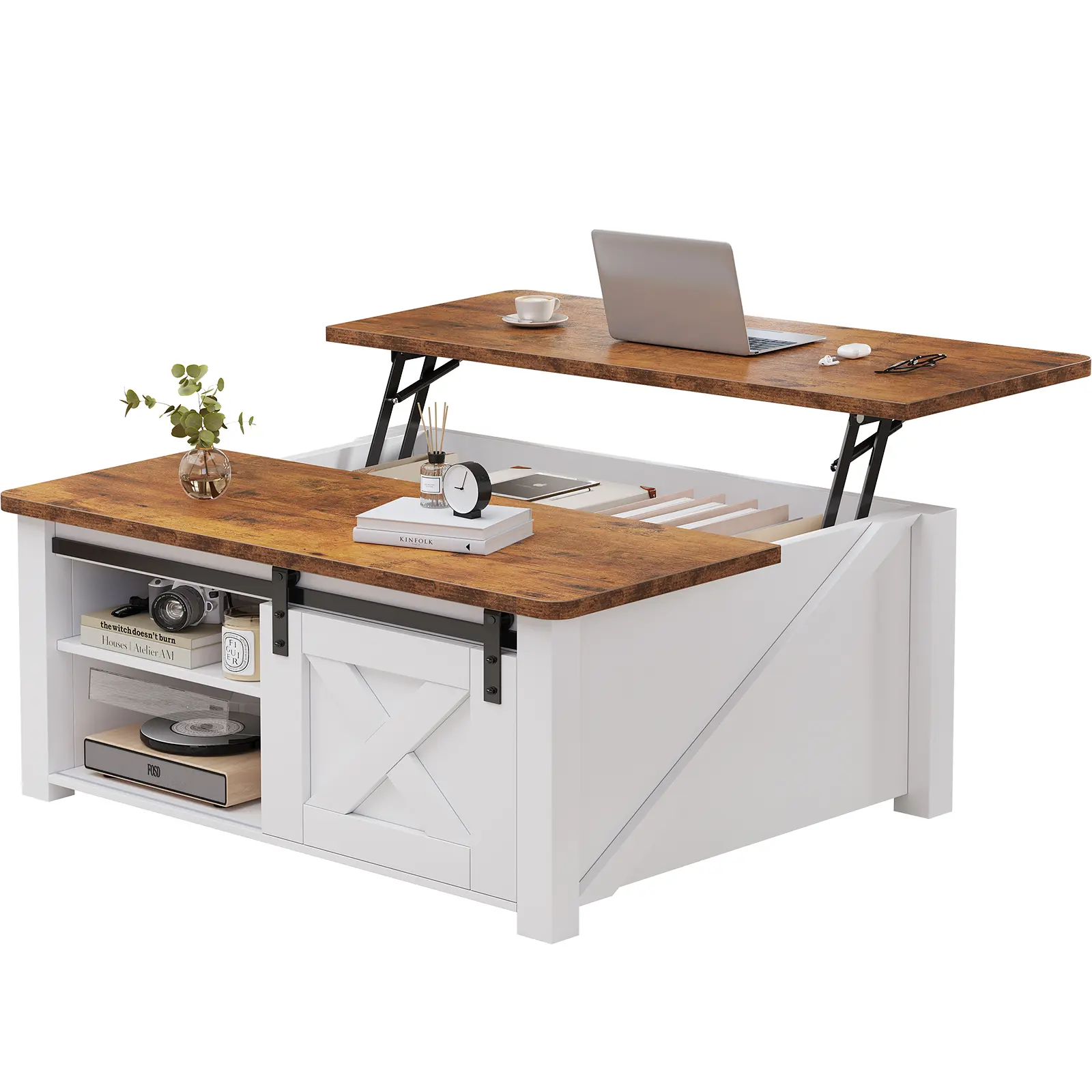 Modern Lift Top Coffee Table with Hidden Storage & Adjustable Shelves, Square Farmhouse Center Table for Living Room