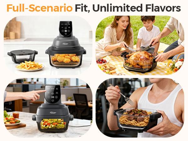 1500W 5-in-1 Glass Air Fryer Non-Toxic - 4Qt Pot+6Cup Container with Lid & Dust Cover, Portable Smart Kitchen Appliance Silicone Pad Included