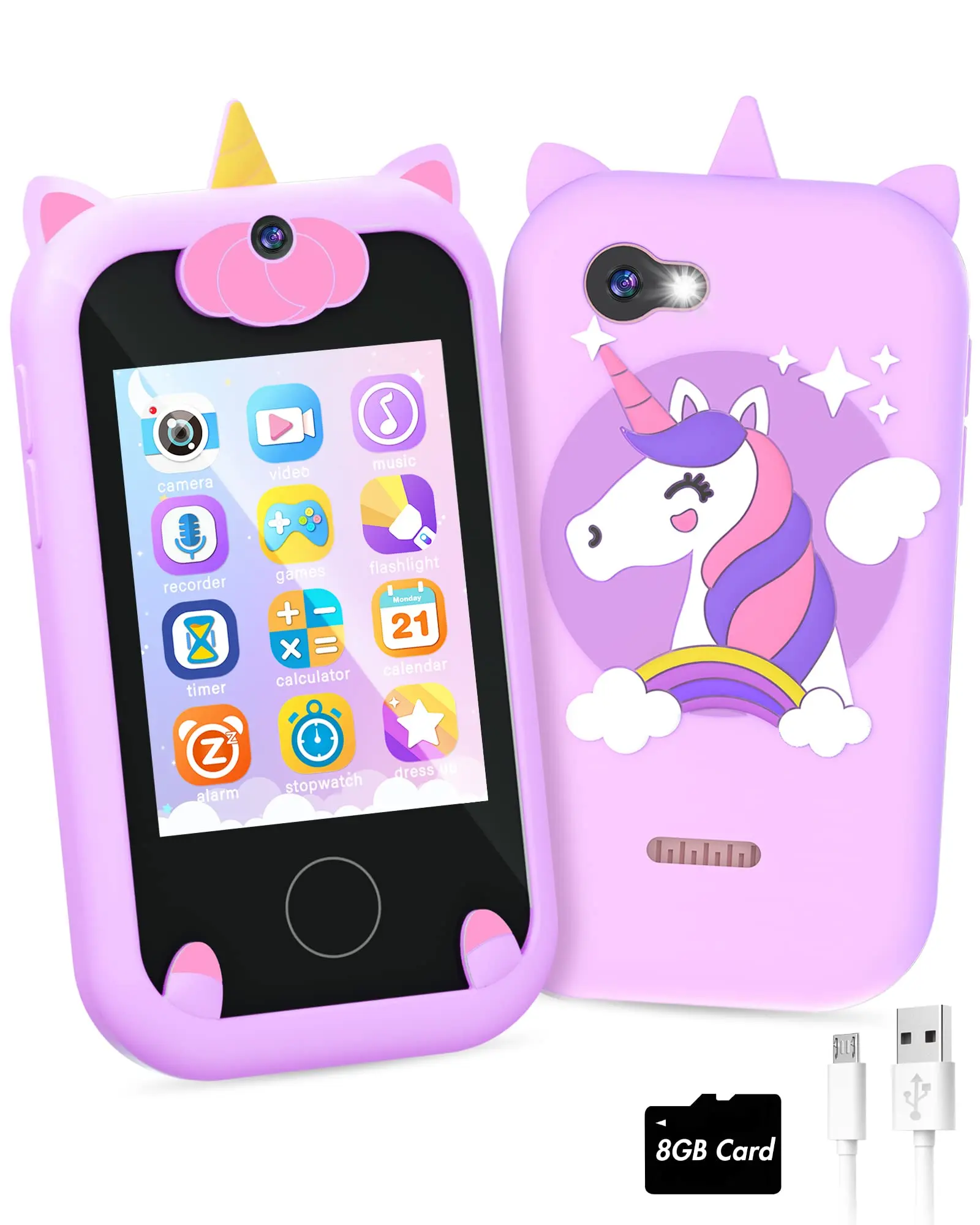 Dumb Phone with 2.8" HD Touch Control, Dual Digital Camera, 8GB Memory Card, MP3 Player, Games, 12 Habit Alarms, 23 Cute Stickers, Flashlight & Alarm - Preschool Educational Toy, Back to School/Birthday Gift for 3-9 Year Olds