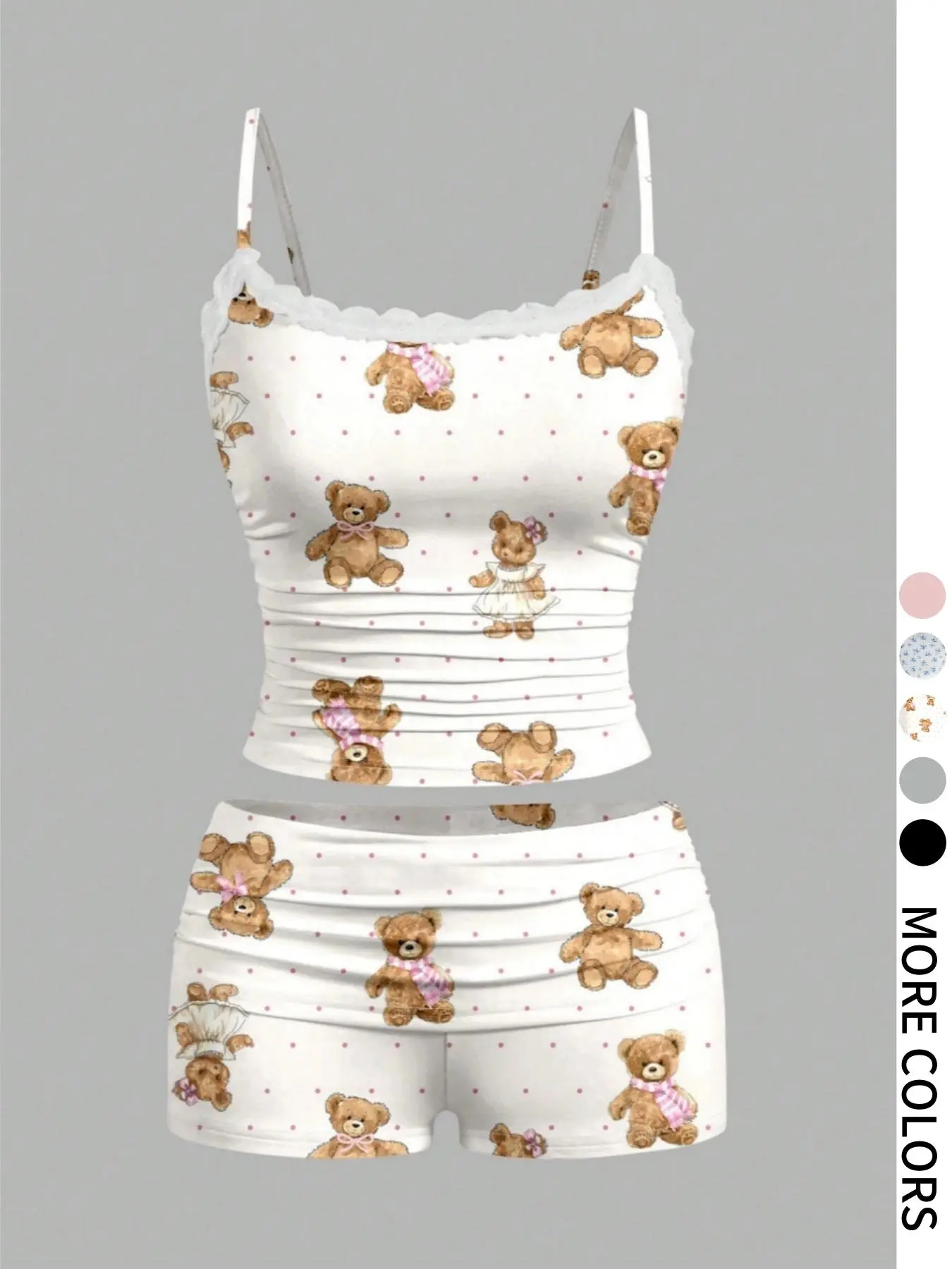 Two-Piece Set Women's Cartoon Bear Print Spaghetti Strap Cami Top & Shorts, Casual Cute Top & Shorts for Summer, Ladies Clothes for Daily Wear, Camisole Sets