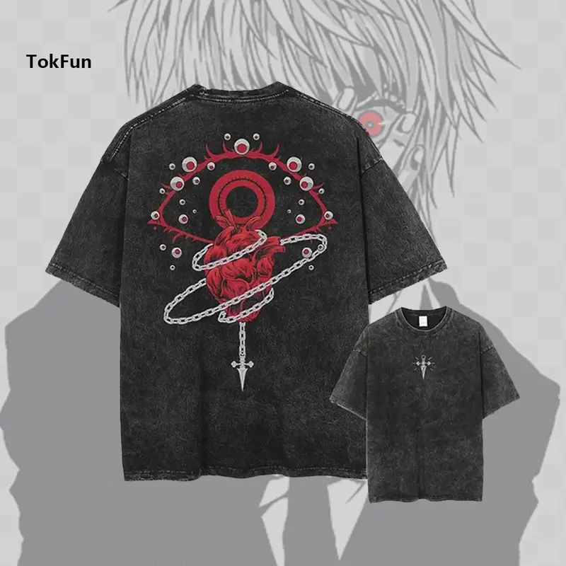 Scarlet Eyes Hunter x Hunter Anime Vintage Oversized Washed Tee Anime Pattern Shirt Summer Casual Hip Hop T-Shirt Street Clothing Top T-Shirt