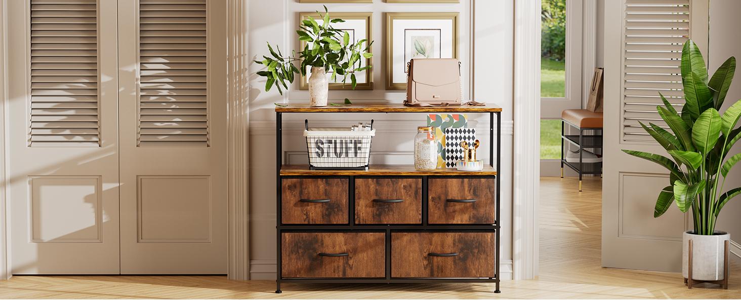 Cupboards Cabinets Entertainment Center with 5 Fabric Drawers, Media Console Table Storage Shelf for Bedroom/Living Room/Hallway, TV Stand