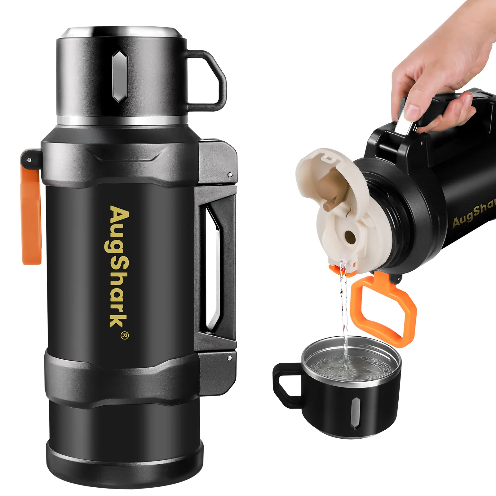 Augshark 67oz Large Capacity Portable Wide Mouth Insulated Stainless Steel Water Bottle - Leakproof Vacuum Flask with Insulated Cup, Foldable Handle, Pour Lid, Holds Ice Cubes, Keeps Cold 24H Hot 12H for Camping, Indoor Use, Thermal