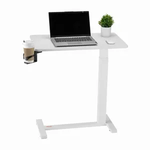 Mobile Overbed Table with 4 Hidden Wheels - Height Adjustable Rolling Laptop Desk, Cup Holder Included, Portable Particleboard Desk for Home, Office & Study, White