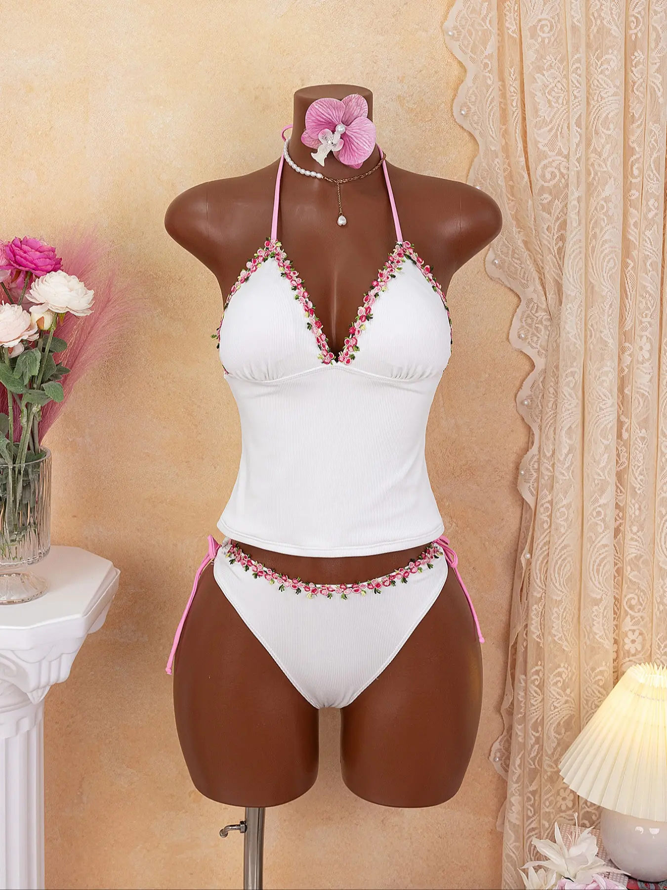 Women's Fashion Tankini Set, Tankini Outfit, Tankini Swimsuits Women, Tankini Swimwear Solid-Color Floral Lace Sexy Tankini Top Bottoms Two-Piece Swimsuit, Perfect for Beach Vacations and Pool Parties
