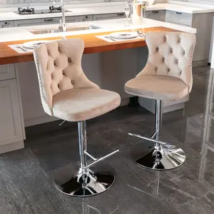 Set of 2 Swivel Velvet Barstools, Adjustable Seat Height 25-33 Inch, Modern Upholstered Bar Stools with Chrome Base & Comfortable Tufted Back, for Kitchen Island, Home Pub, Counter Height Seating