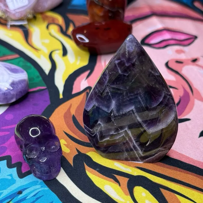Chevron Amethyst Crystal Set - Polished Skull and Teardrop Stones with White Quartz Zigzag Bands for Restful Sleep, Meditation, and High Vibration Energy, Healing, Protection, Wholesale Crystals, Aids In Dream Recall, Polished Finish, Skull Teardrop