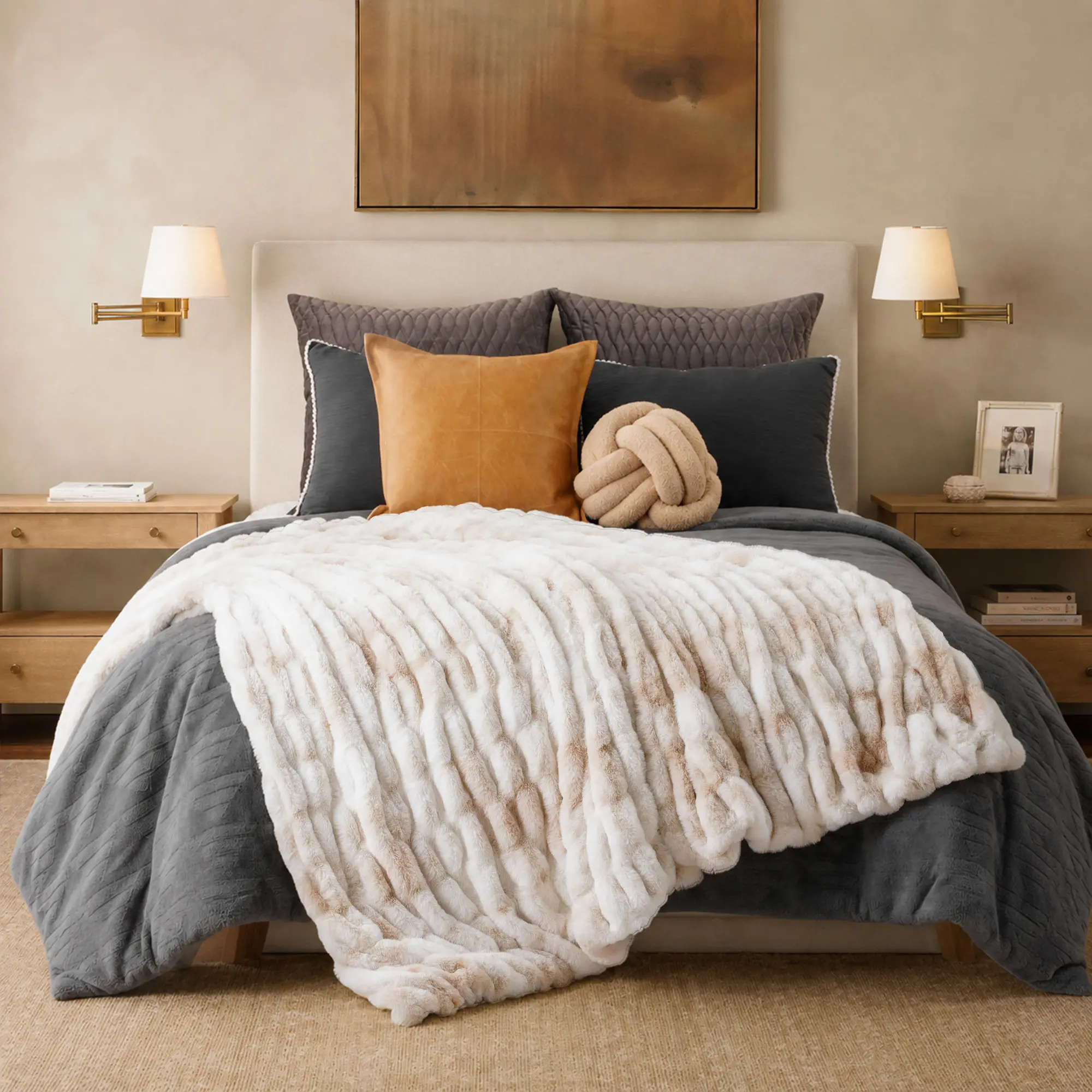 Battilo | Ruched Luxurious Soft Beige Faux Fur Throw Blanket - Reversible, Tie-Dye, Durable, Modern, 50x60", Indoor Couch/Bed Cover, Birthday/Holiday Gift Item, Luxe Texture, Super Soft
