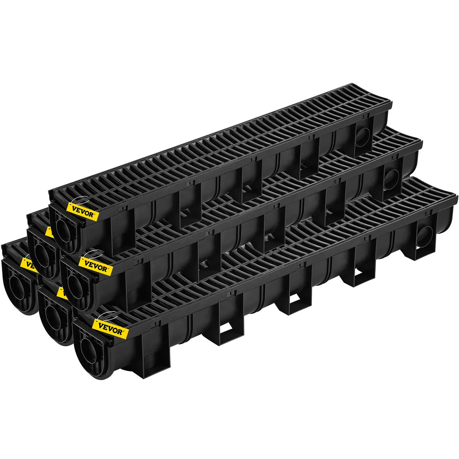 【Backtoschool】VEVOR Trench Drain System, Channel Drain with Plastic Grate, 5.9x5.1-Inch HDPE Drainage Trench, Black Plastic Garage Floor Drain, 6x39 Trench Drain Grate, with 6 End Caps, for Garden, Driveway-6 Pack