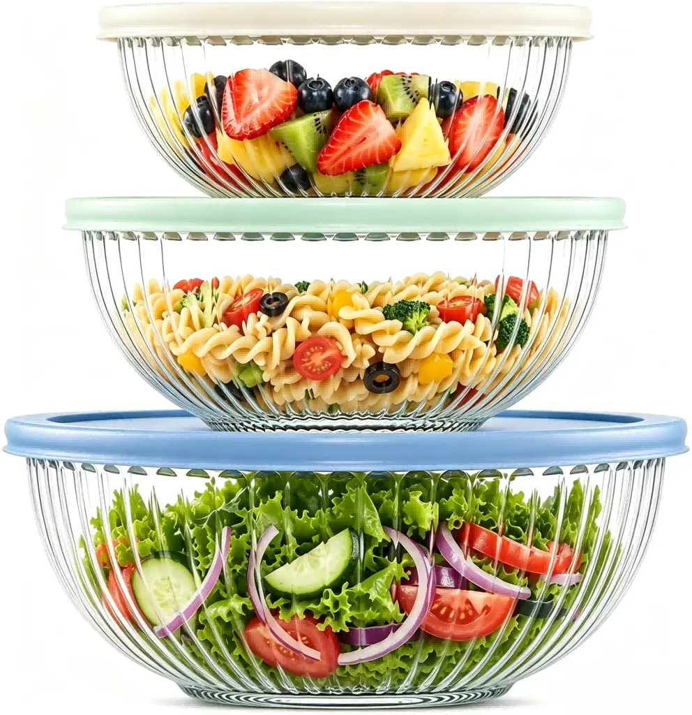 Set of 3 Borosilicate Glass Mixing Bowls with Lids, Clear Ribbed Nesting Bowls for Baking, Meal Prep and Food Storage, 1L/2L/3.5L