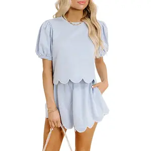 Mntaor Women's Pearl-Embellished 2-Piece Skort Set - Chic Puff Sleeves, Scallop Trim, Ideal for Beach Days, Brunch Dates