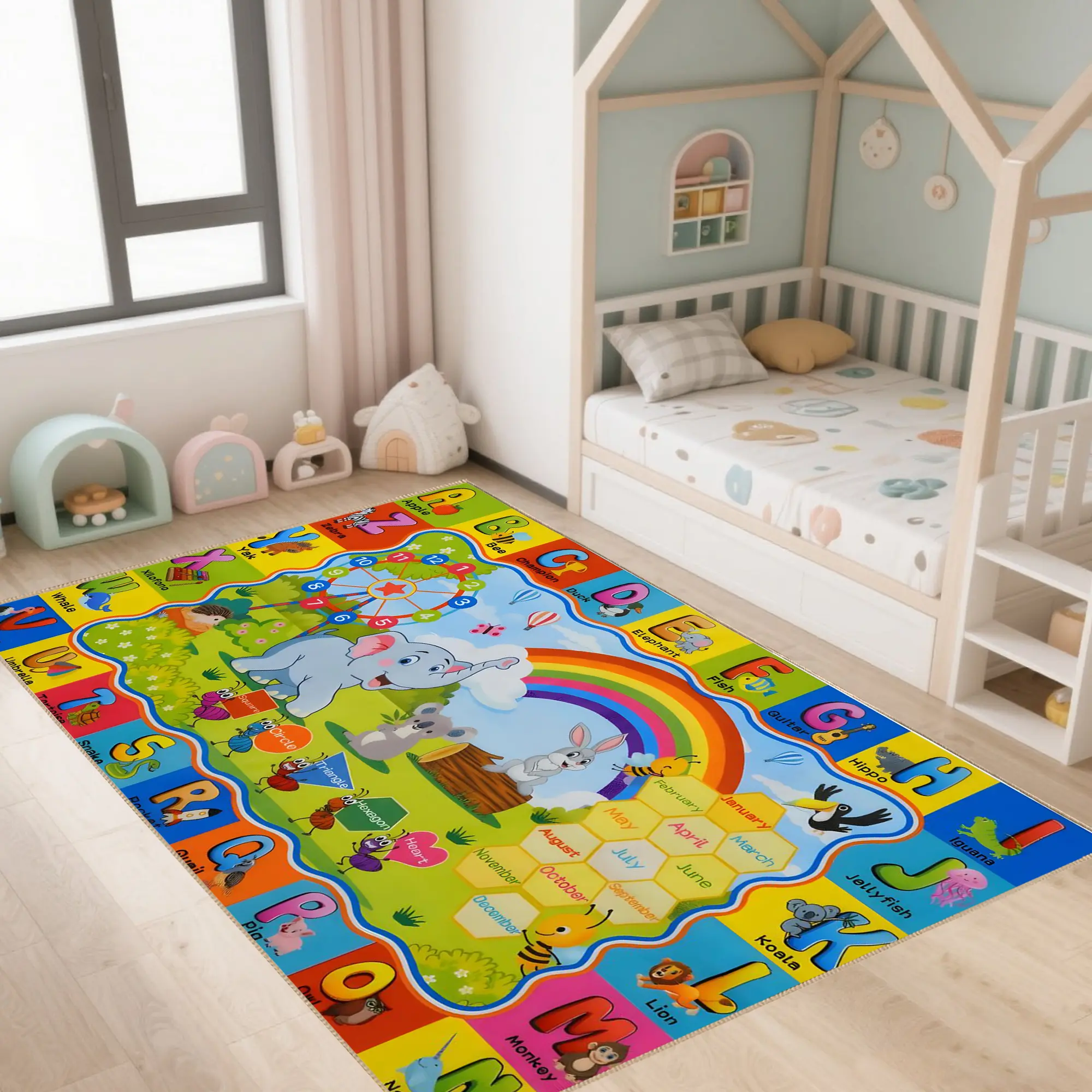 Colorful Kids Educational Learning Rug, Alphabet Numbers Animals Shapes Play Mat for Nursery, Playroom and Preschool, Playrooms, Animals & Letters