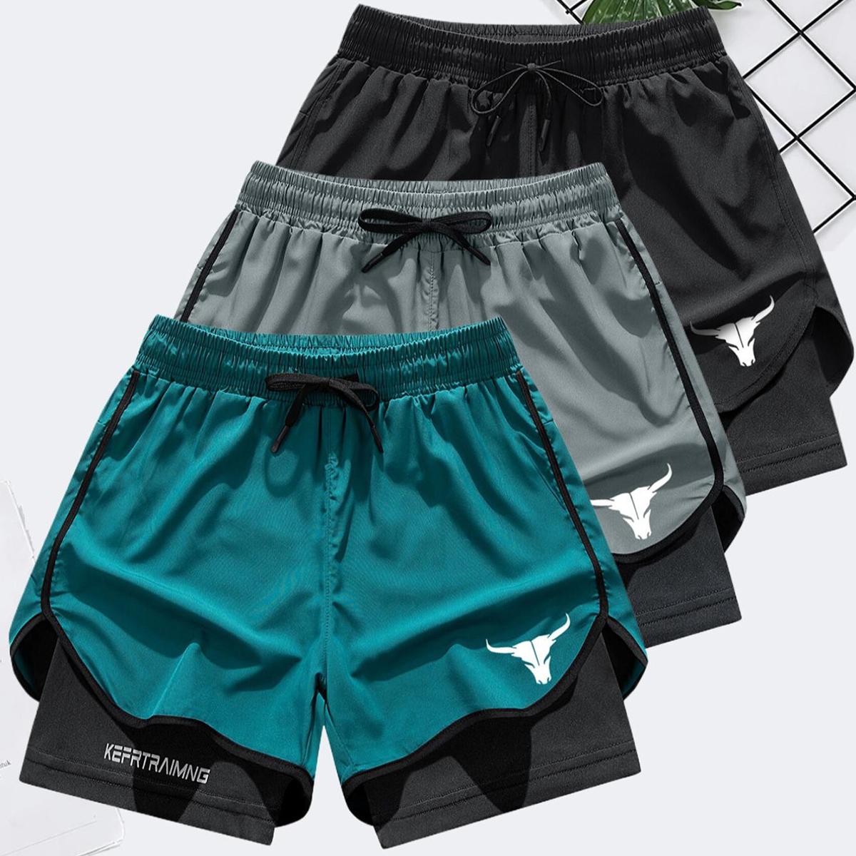 Men's Letter & Bull Head Print 2 in 1 Double Layer Drawstring Waist Gym & Casual Shorts, Regular Fit Comfortable Breathable Quick Drying Anti Exposure Pocket Shorts for Gym Workout, Running & Daily Wear, Men's Bottoms for Summer