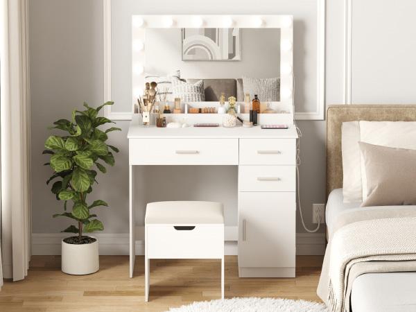 Lifewit 35.4'' White Vanity Set with Mirror & Lights, Adjustable Brightness, 3 Drawers, 1 Cabinet, USB Ports - Gift for Girl Daughter, Mothers Day Gifts