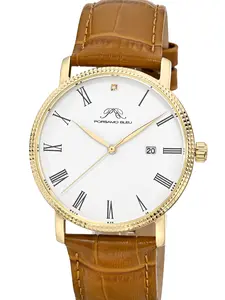 PORSAMO BLEU Veritas 1 Genuine Leather Diamond Gold Tone and Brown Men's Watch 1361DVEL | 7-Year Warranty | Battery Model SR626SW |