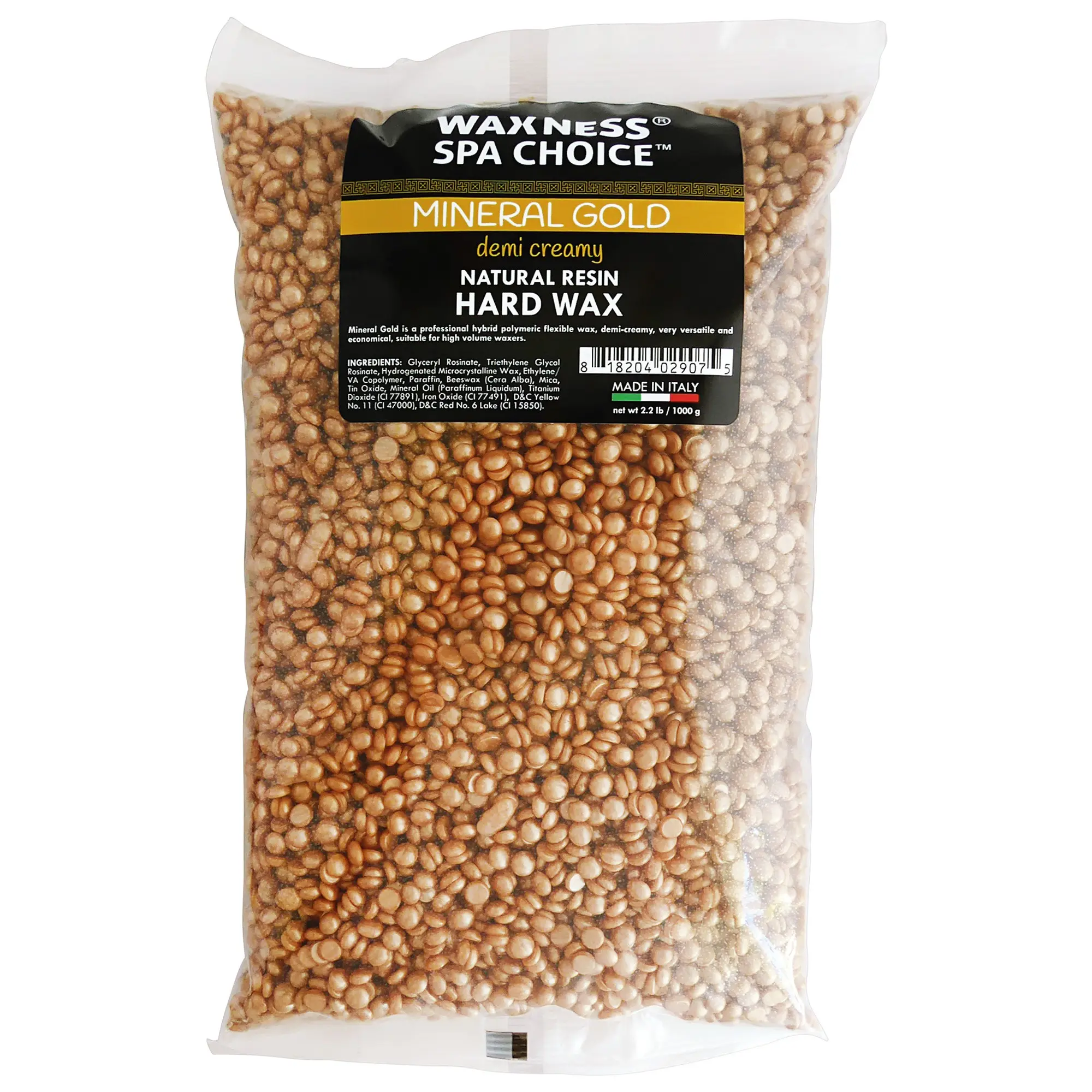 Waxness Spa Choice Mineral Gold Demi Creamy Hard Wax Beads 2.2 lb / 1 kg - For Hair Removal - Flexible Natural Resin Base - Demi Creamy Texture - Fragrance Free - Made in Italy