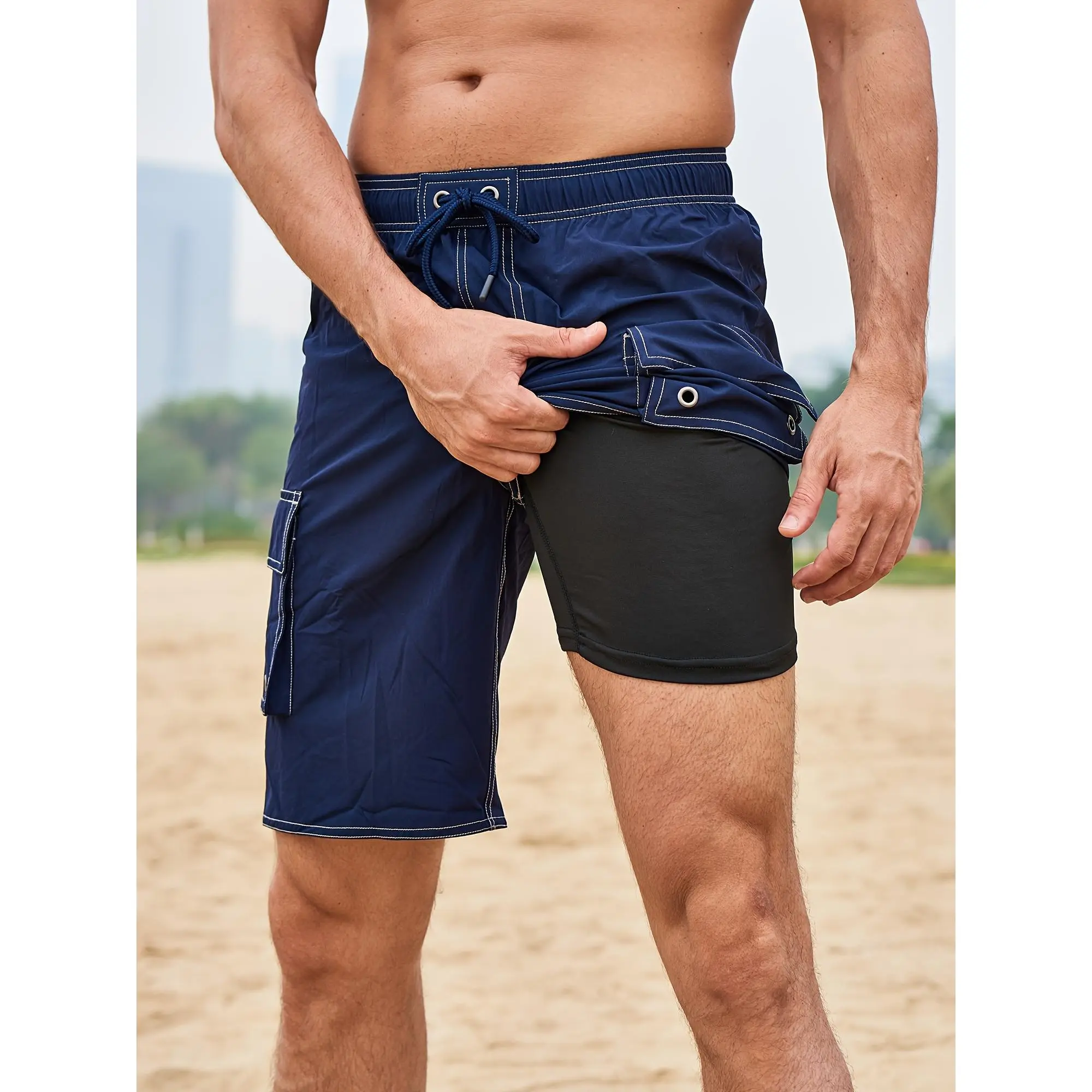 Men's Quick-Dry Nylon Activewear Swim Trunks, Casual Beach Shorts with Flap Pockets for Outdoor Swimming, Vacations, Men's Swim Trunks