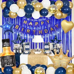 57pcs 2D Flat Blue Golden Happy Birthday Navy Royal Backdrop Polyester Fabric Men Golden Dot Balloon Diamond Sparkle Cool Bday Party Photography Background Decorations Banner Photo Shoot Halloween&Christmas stuffer