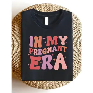 1Pc In My Pregnant Era T-Shirt - 100% Cotton Crew Neck Tee, Casual Street Style, All-Season Short Sleeve Top With Heat Transfer Print, Loose Fit Flared Hem, Knit Fabric Pullover For Adults, Cute Holiday Pregnancy Shirts