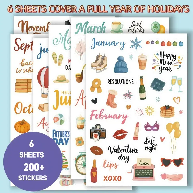 200+Sticker Sheets, Adhesive Stickers, Aesthetic Stickers, Decorative Stickers, Diary Sticker Pack, With Accessories, Calendar Planner Sticker Book with Monthly Tabs, Birthday, for Bullet Journaling, Scrapbooking, Planners, Vintage & Modern Style