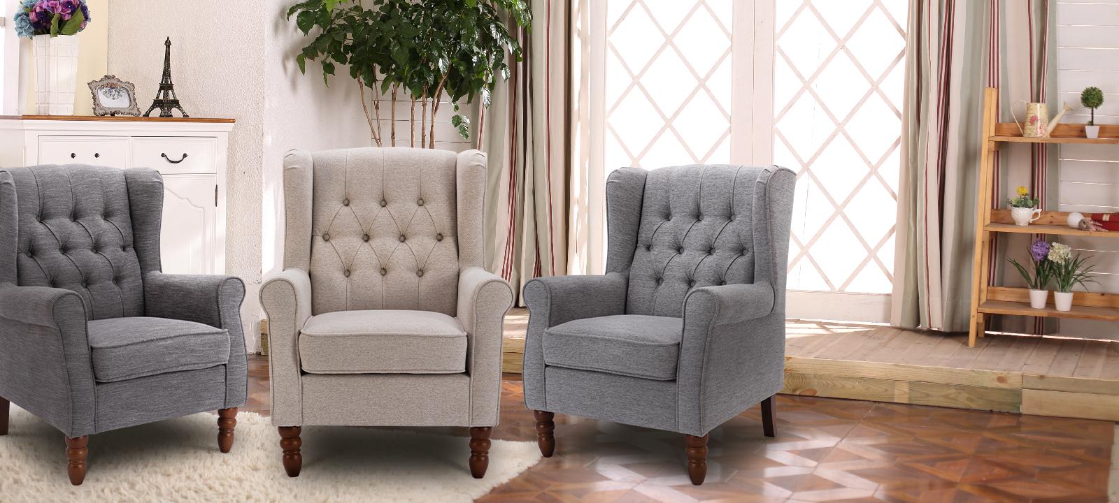 COLAMY Button Tufted Wing Back Accent Chair, Thick Upholstered Arm Chair with Trim Rubber Wood Legs, Comfortable Mid-Century Sofa Chair Modern Reading Chair for Living Room and Bedroom