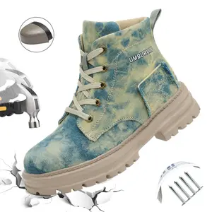 Women’s safety shoes — impact-resistant steel toe, puncture-resistant Kevlar, stylish camouflage outdoor work shoes for factory/workshop use, lightweight safety boots Blue
