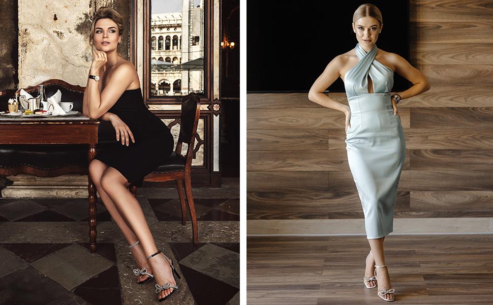 Dream Pairs Women’s Square-Toe Bowknot Rhinestone Heels – Lightweight Party Sandals with Cushioned Insole