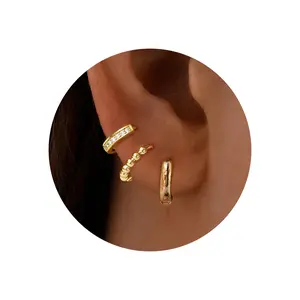 Turandoss 14K Gold Plated Small Hoop Earrings Set - Dainty Beaded & CZ Huggie Hoops - Hypoallergenic Stacking Jewelry for Multiple Piercings - Everyday Essentials