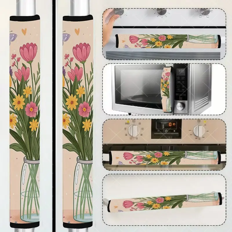 2-Piece Microwave and Refrigerator Handle Covers Set, Polyester Cover, Decorative Cover, Floral Pattern Kitchen Decor, for Fridge, Oven & Microwave Handles