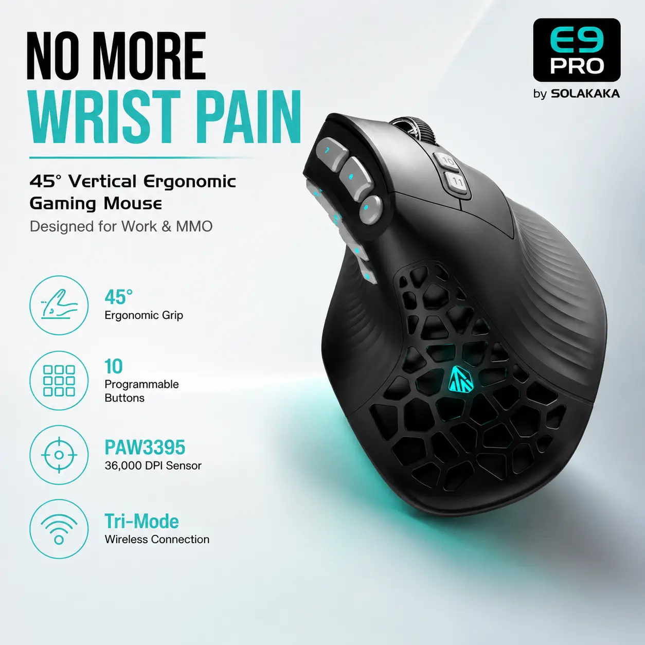 SOLAKAKA E9 PRO Vertical MMO Gaming Mouse - Lightweight Ergonomic Gaming Mouse with 10 Side Buttons,PAW3395 36000 DPI Sensor,45°Grip,Tri-Mode 2.4G/BT/Wired, RGB,1000mAh Rechargeable Mouse for PC/Mac - Black summerwins,back to school,back to school haul