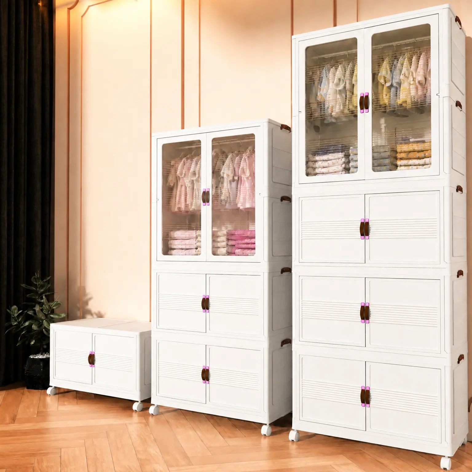 Aesthetic Foldable Plastic Portable Wardrobe Closet with Lock-in Wheels - Closet Organizer System, Space-Saving Storage Cabinet for Clothes, Rolls to Move, Folds for Space, Bedroom Home Organization, Stackable