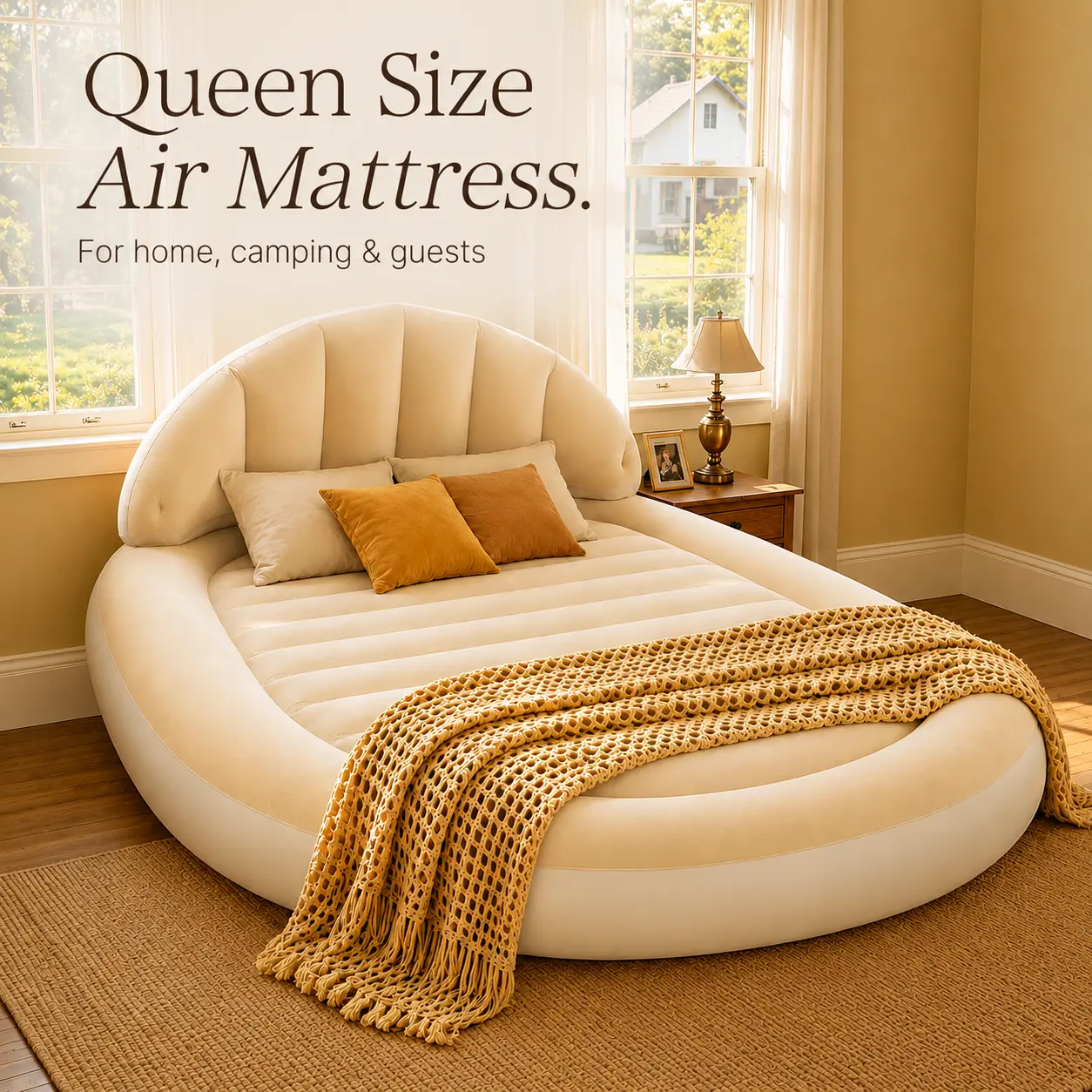 Inflatable Lounge Bed with Electric Pump, Raised Backrest Air Mattress for Poolside, Patio, Camping & Relaxing at Home