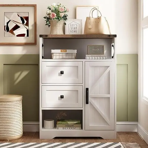 [tiktokshopbacktoschool] Vabches Farmhouse Storage Cabinet with 2 Drawers&Shelves,Freestanding Storage Cabinet with Doors&Open Storage,Floor Storage Cabinet for Living Room,Bathroom,Kitchen,Laundry