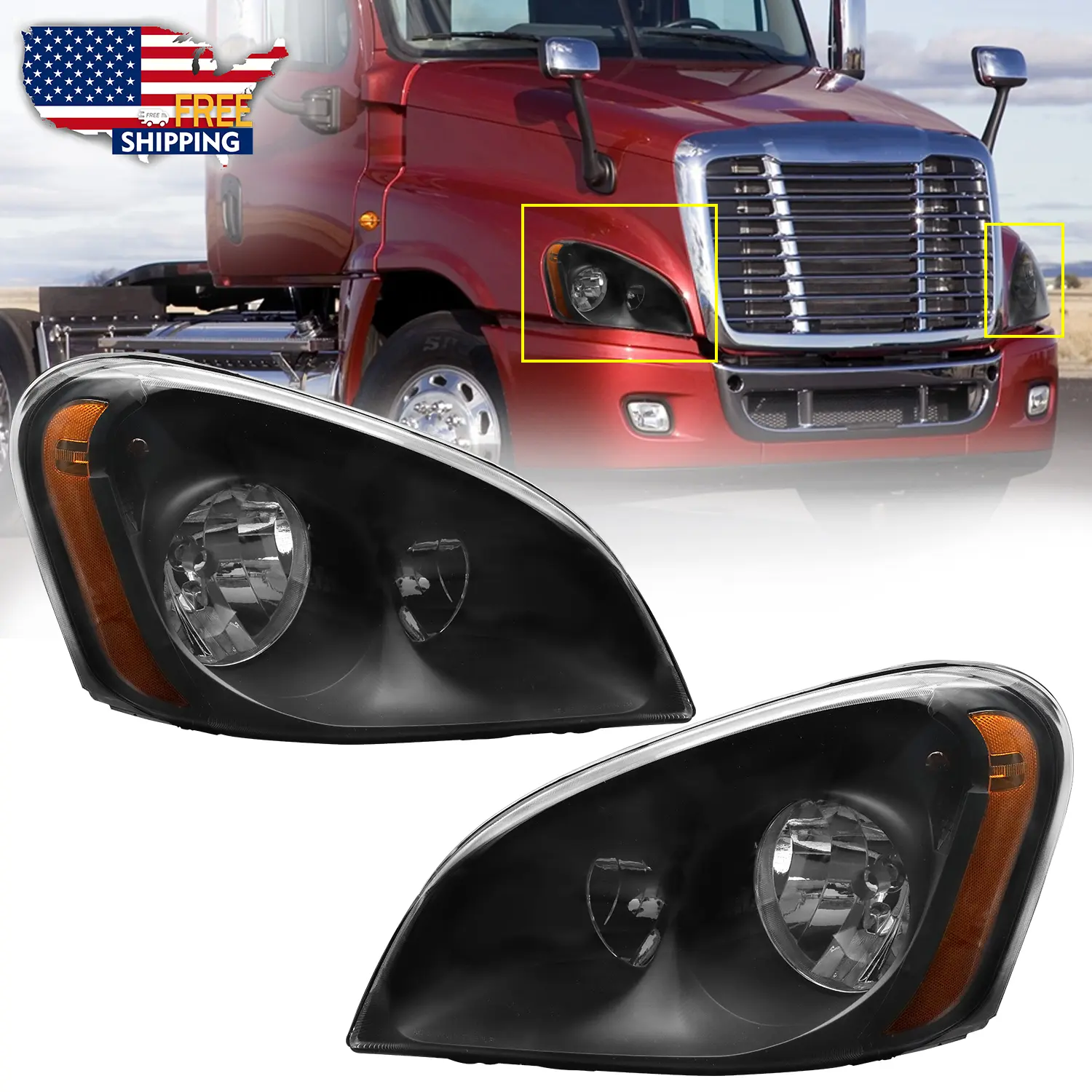 Black Housing Halogen Headlight Assembly, Fits 2008-2016 Freightliner Cascadia, DOT & SAE Approved, Bulbs Included, Plug-and-Play Direct Replacement Headlights