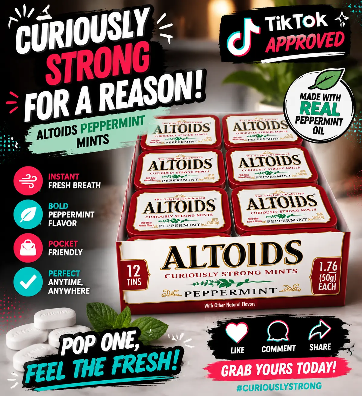 Altoids Peppermint Mints 1.76 oz 12 Count Tray ️ Curiously Strong Breath Mints | Classic Mint Tins for Freshness Anytime