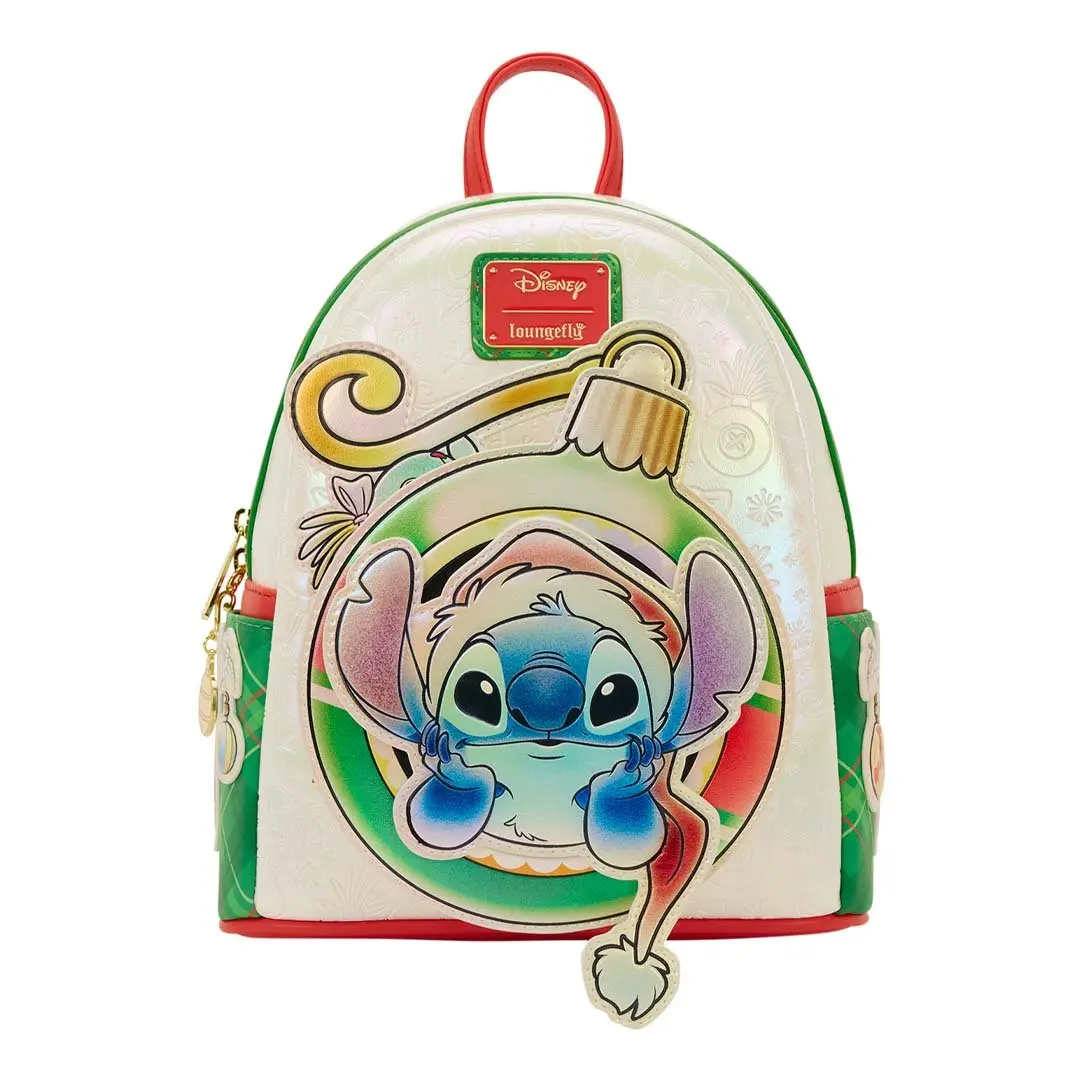 Loungefly Disney Stitch & Scrump Collectible Faux Leather Mini Backpack, Holiday Ornament Print with Embroidery and Moving Scrump Charm, Zipper Charm, Wipe Clean, Collectibles, Pearlescent, Molded Metal, Moving Charm