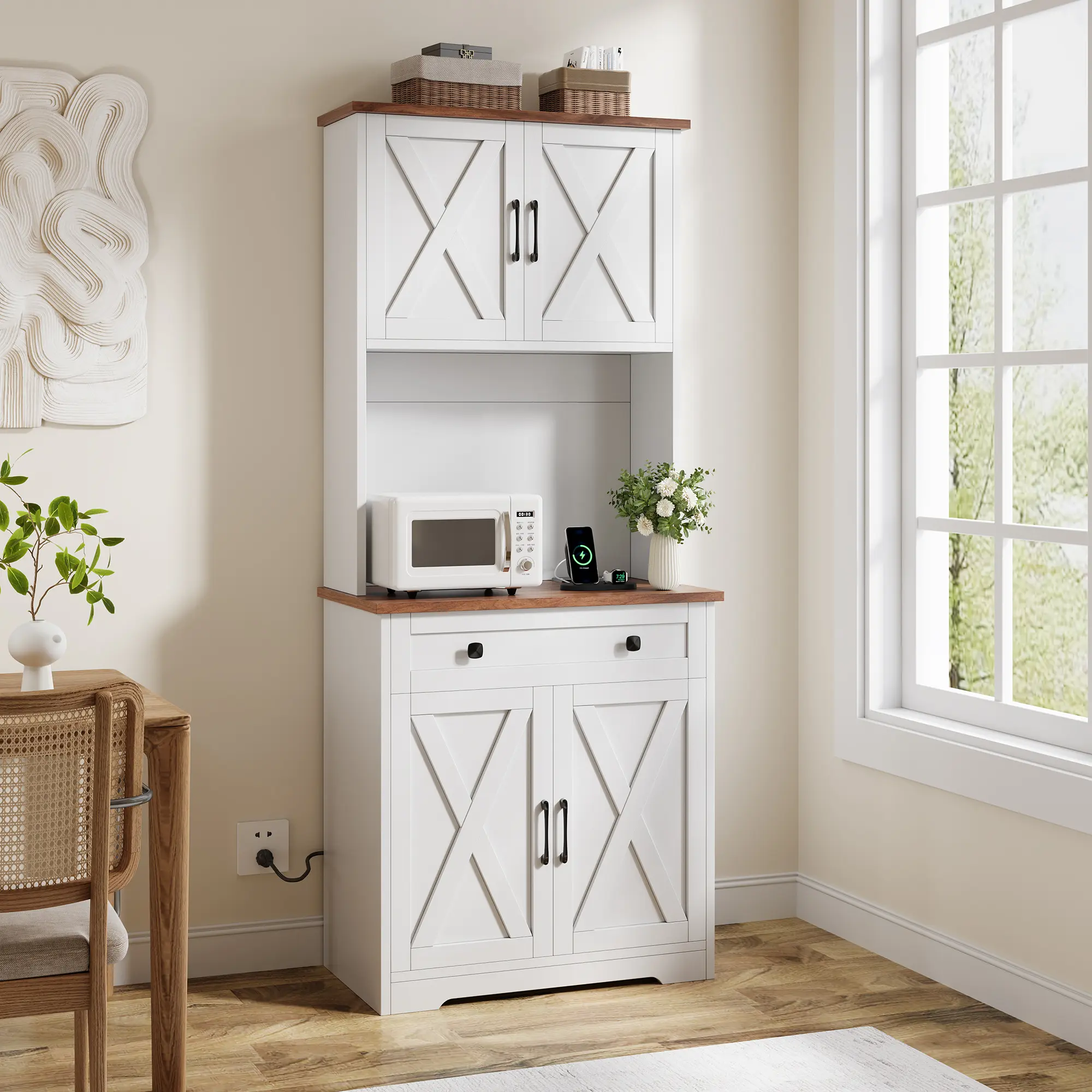 71" Pantry Cabinet with Charging Station, Tall Kitchen Pantry Storage Cabinet with Microwave Stand, Food Snack Towels Storage, Large Farmhouse Kitchen Hutch with Cabinet Doors & Drawer for Living Room, Dining Room, ﻿