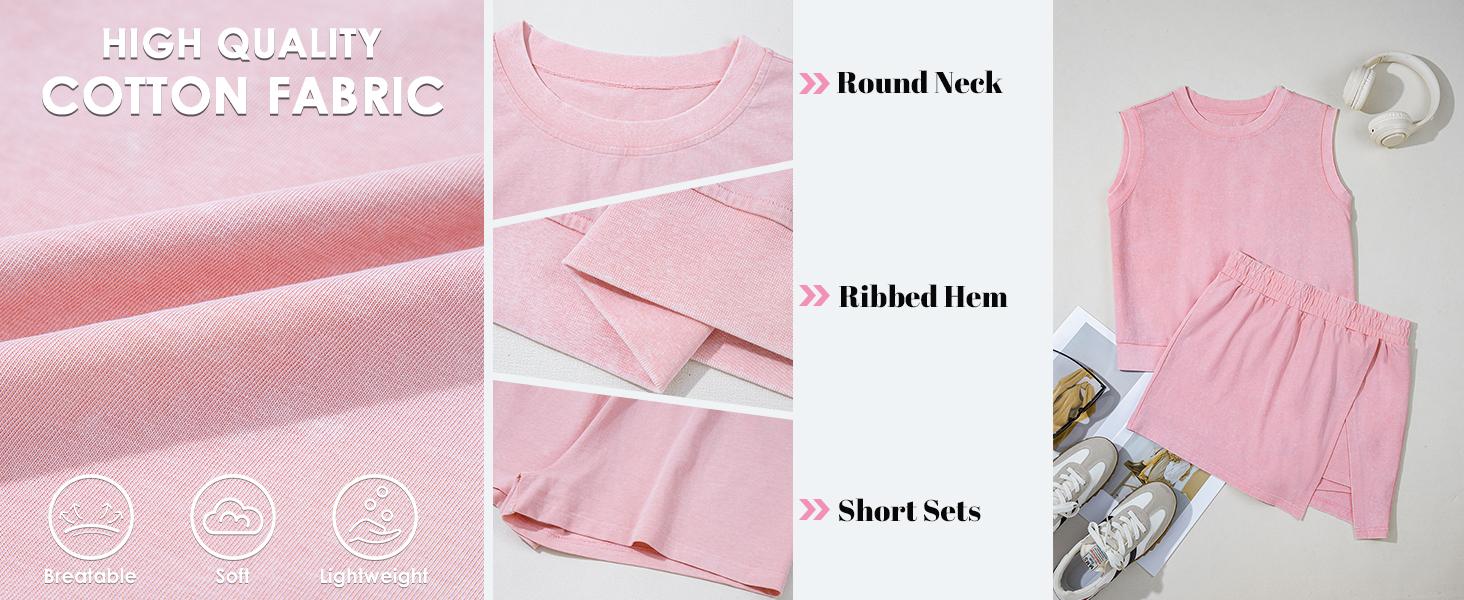 Women's 2 Piece Set Mineral Washed Cotton Loungewear Set Summer Tank Top Lined Split Athletic Skirt Suits