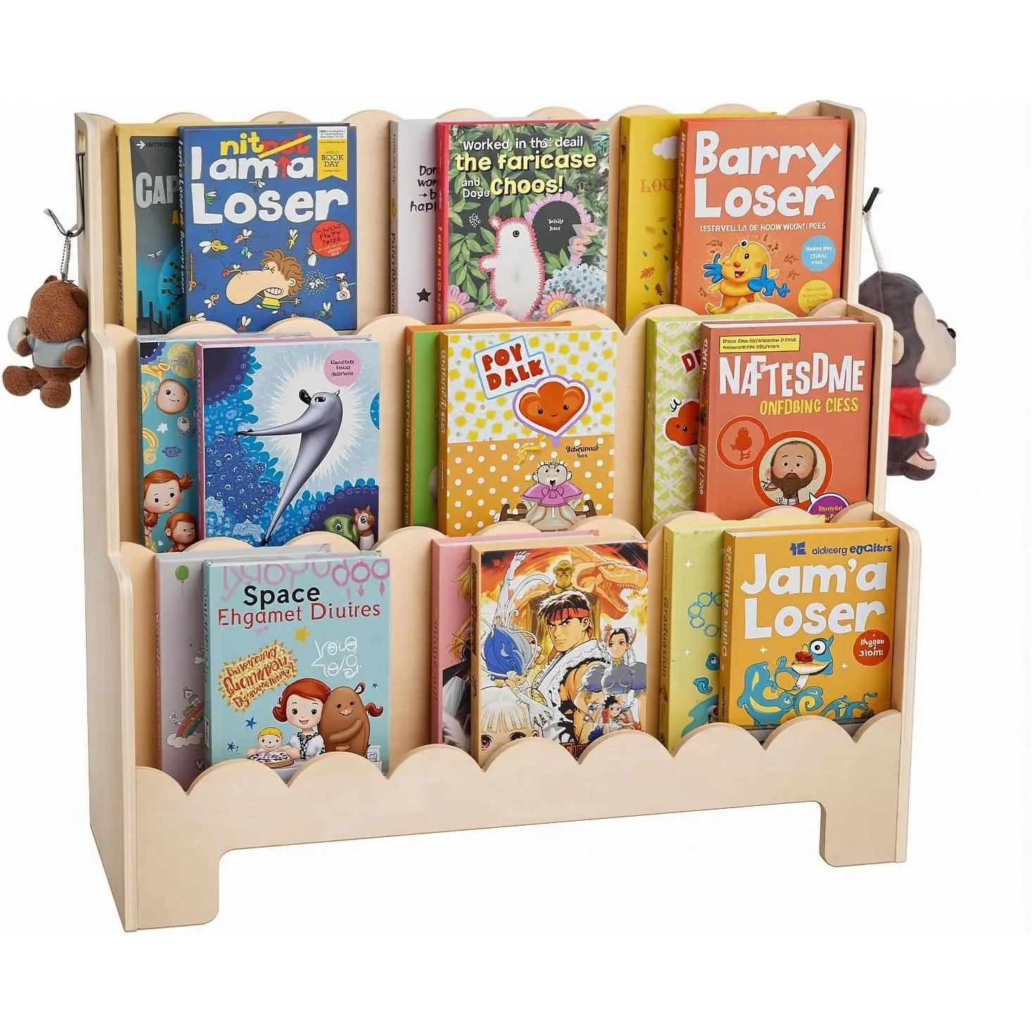 VEVOR 3-Tier Plywood Wood Montessori Bookshelf, Scalloped Kids Open Cubbies Bookcase with 3 Compartments, 2 Dual Hooks & Anti-Tip Kit, Daycare Furniture for Bedroom, Nursery
