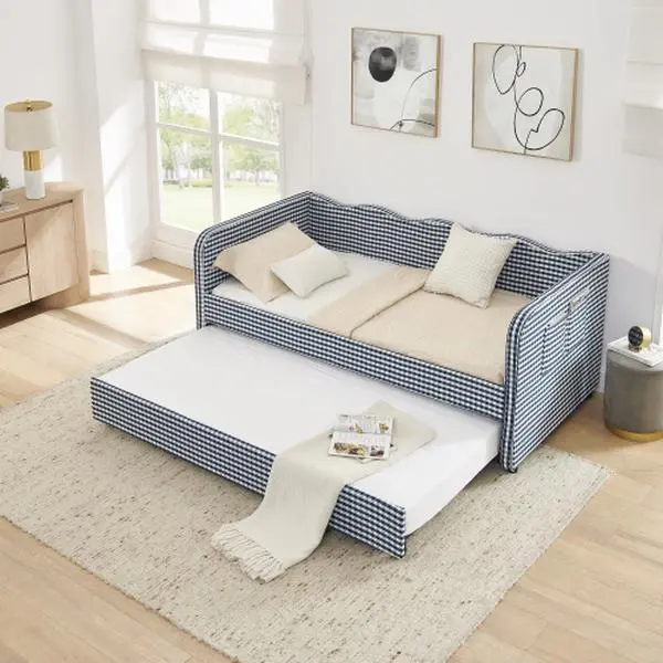 Bellemave Twin-Size Checkered Gingham MDF Upholstered 3-in-1 Convertible Daybed - Pull-Out Trundle, Side Storage Pockets, Ideal for Small Spaces & Garden Use,sohochic