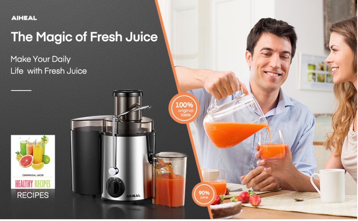 Aiheal Fruit Juicer - Variable Speed Whole Fruit Juicer, 3" Wide Mouth Kitchen Gadget, BPA-Free, Easy Clean with Cleaning Brush & Included Recipes