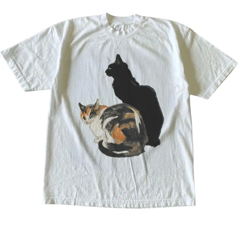 Unisex Vintage Black & Calico Cats Graphic Sports Top - Short Sleeve, Round Neck, Multi-Size, Cute Cottagecore Feline Art Tee, Cozy Pet Lover Gift