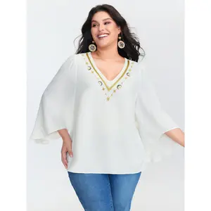 【Summer Turn-Up】【Neck-Lengthening】BlOOMCHIC Plus Size Star Moon Embroidered Neckline Flared Blouse [M-6X] 2026 Summer Pick for Mother's Day Swimweek