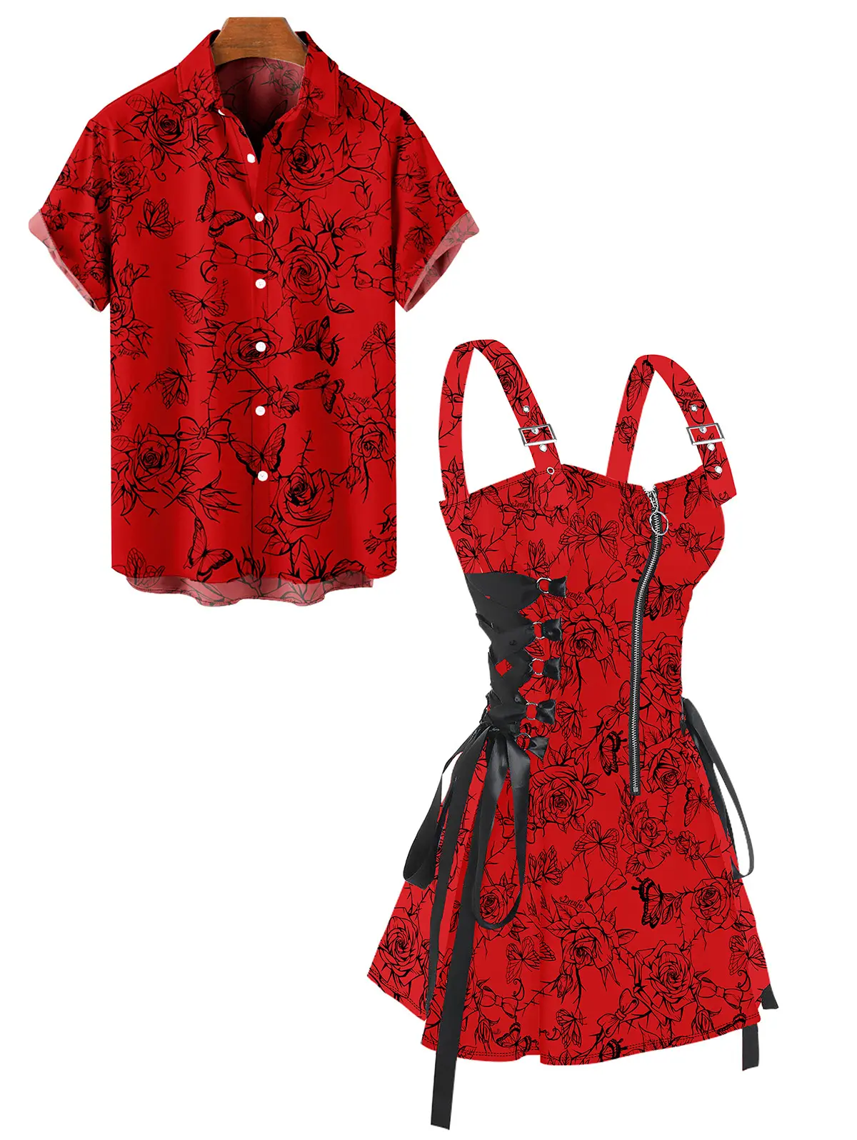 DRESSLILY 2026 Couple Set Women's Rose Flower Butterfly Print Buckle Strap Lace Up Half Zipper Mini Dress And Men's Short Sleeve Shirt Matching Set, Valentine's Day Gift