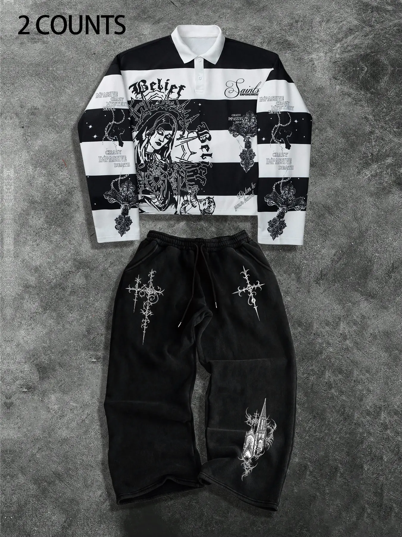 Street Casual Set, Fashion, Classic, Polo Long Sleeve Sweatshirt & Printed Pants Two-Piece Set, Loose-Fitting, Fall&winter, American Retro School Style, Streetwear