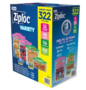 Ziploc Variety Pack (322-Count) – Gallon, Quart, Sandwich & Snack | BPA-Free Food Storage Bags | Bulk Value Pack
