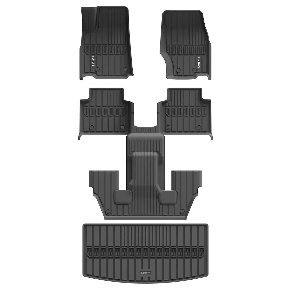Lasfit Custom Fit TPE Car Foot Mats Complete Set - Waterproof Car Accessories Set for 2021-2025 Jeep Grand Cherokee L, 1st-2nd-3rd Row & Cargo Mats, Deep Channels, Debris Trapping, Effortless Cleanup